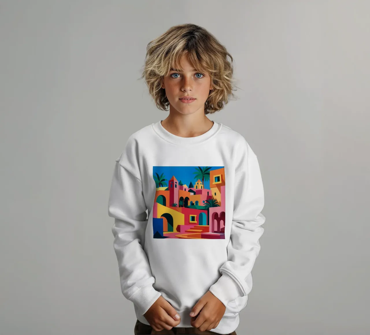 Vibrant Hillside Pueblo kids sweatshirt by Jasper Rune