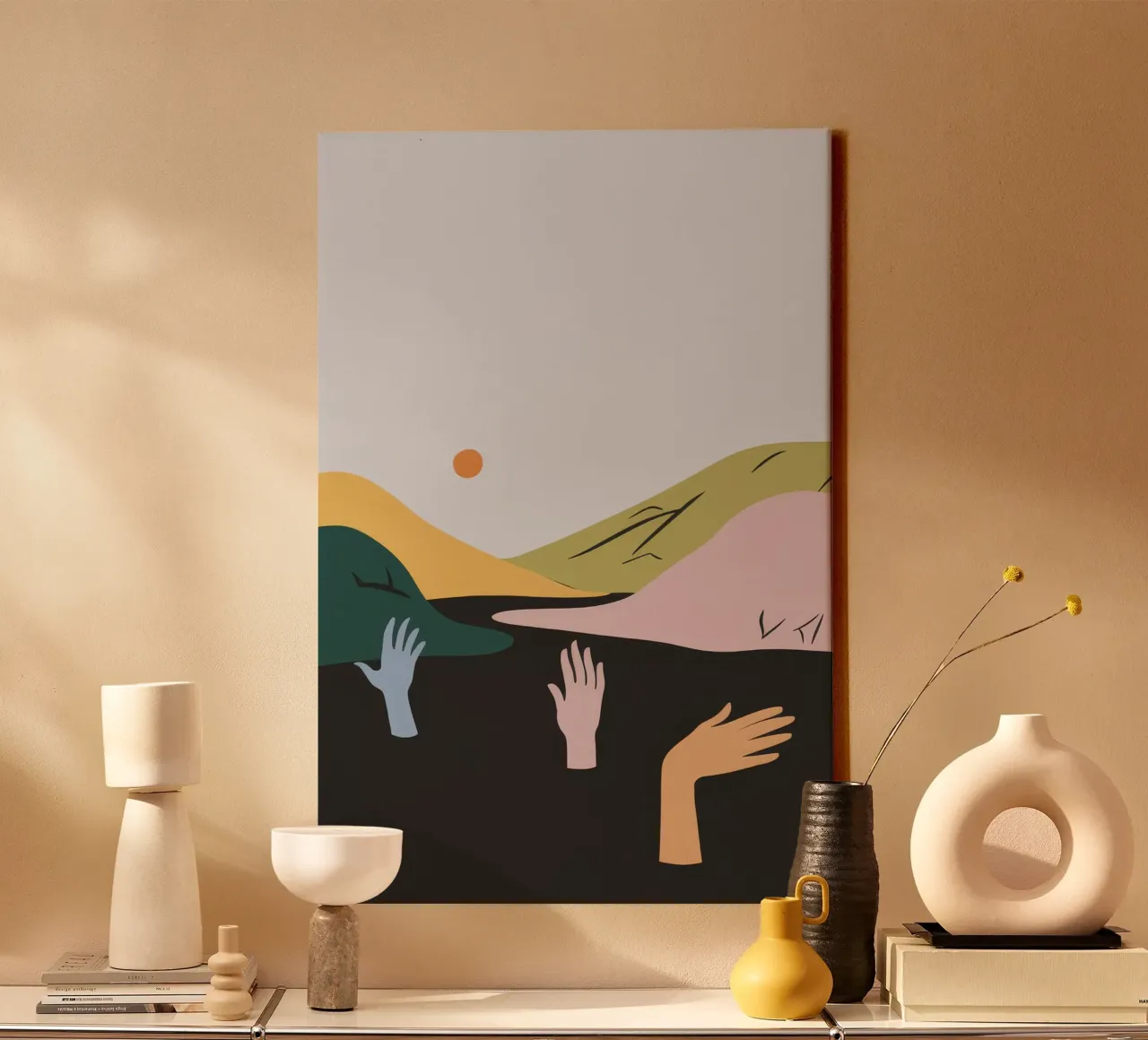 Sanfte Umarmung am Horizont Leinwand mit Schattenfugenrahmen von Ember Stone