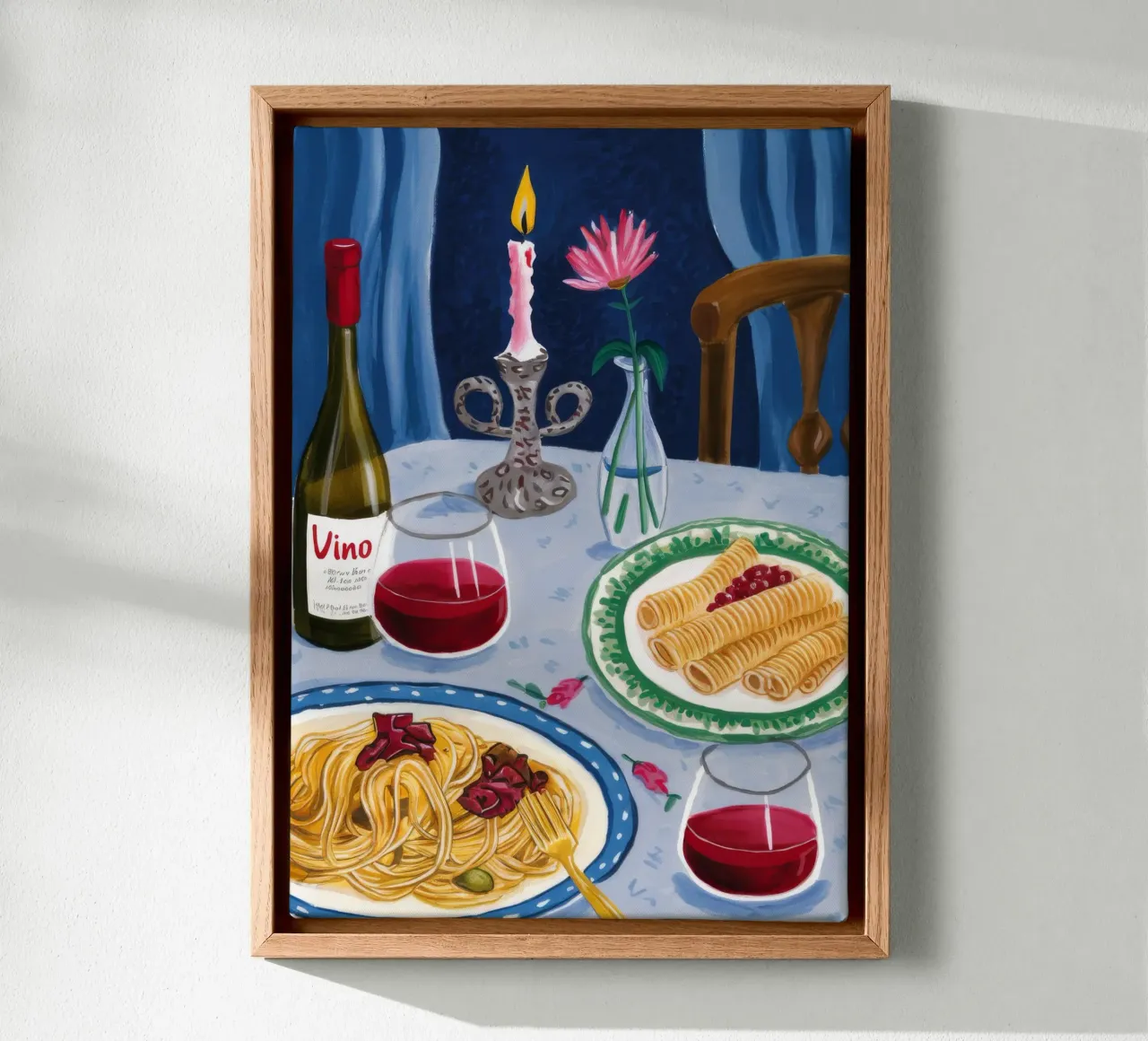 Romantischer Pasta-Abend Leinwand mit Schattenfugenrahmen von Aurora Muse