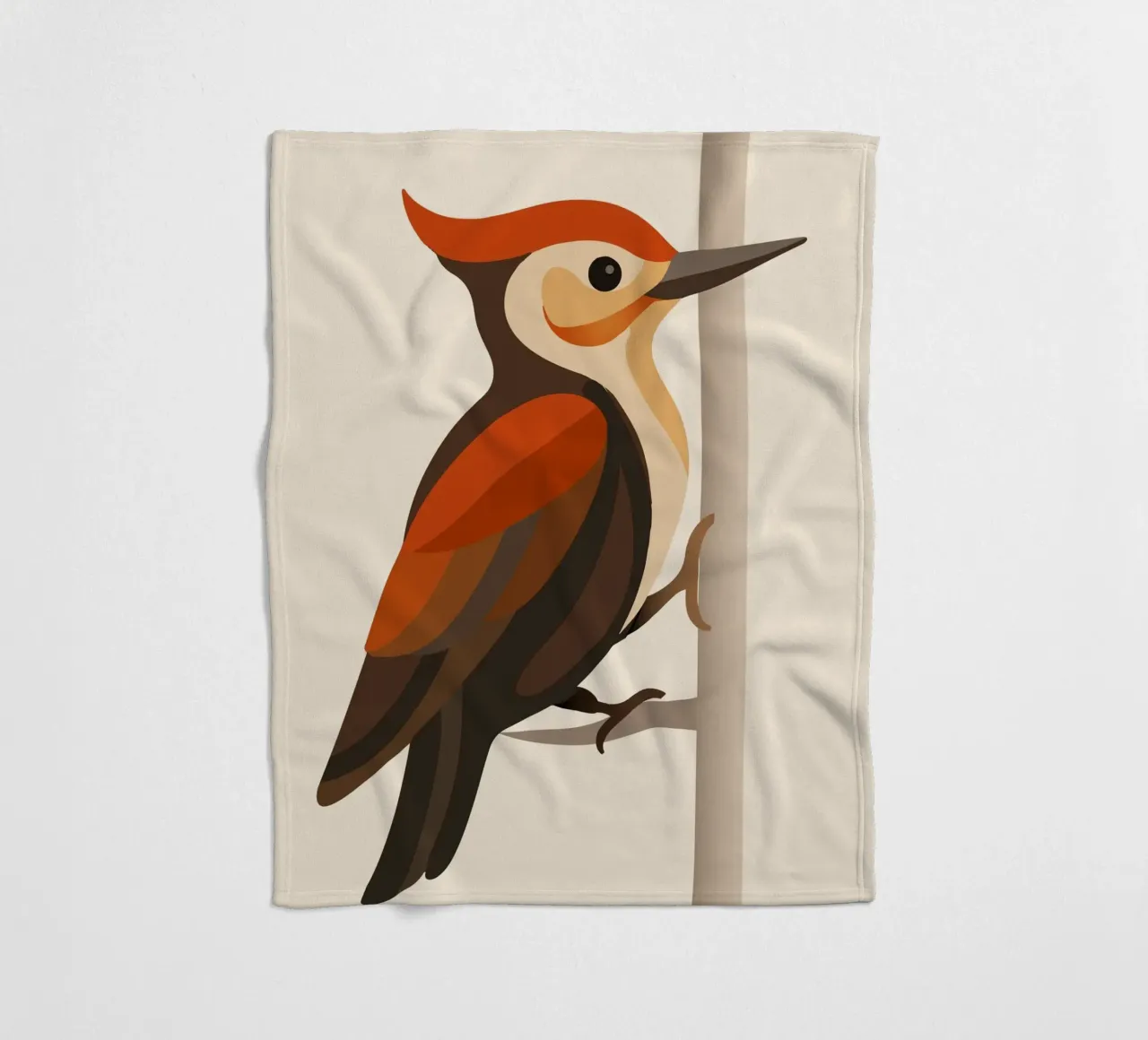 Woodpecker on tree trunk - stylised bird motif fleece blanket by namosh