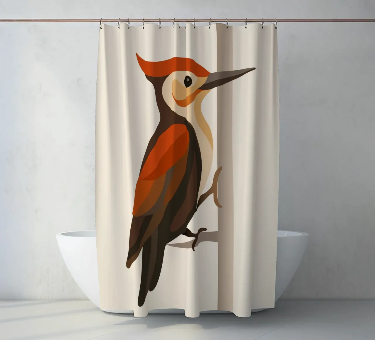 Woodpecker on tree trunk - stylised bird motif shower curtain by namosh