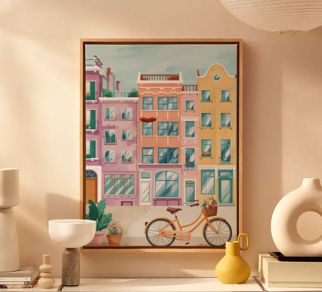 Peach Building Bicycle canvas with Floater frame by Aurora Muse