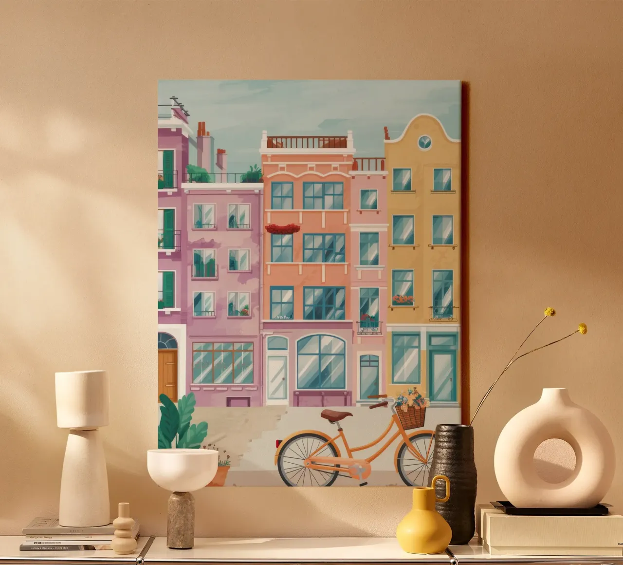Peach Building Bicycle canvas with Floater frame by Aurora Muse