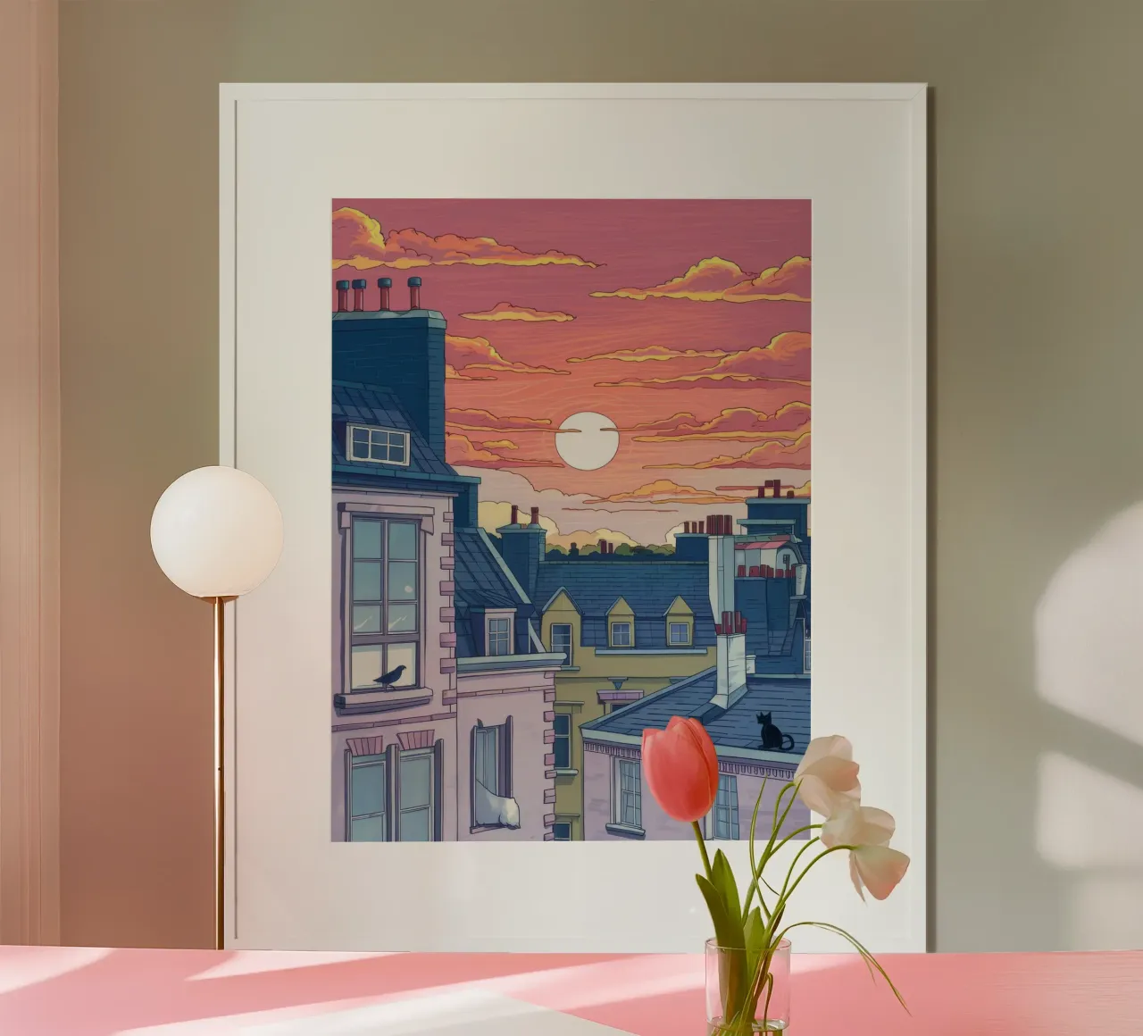 Vue sur les toits au coucher du soleil poster avec cadre en aluminium de Aurora Muse