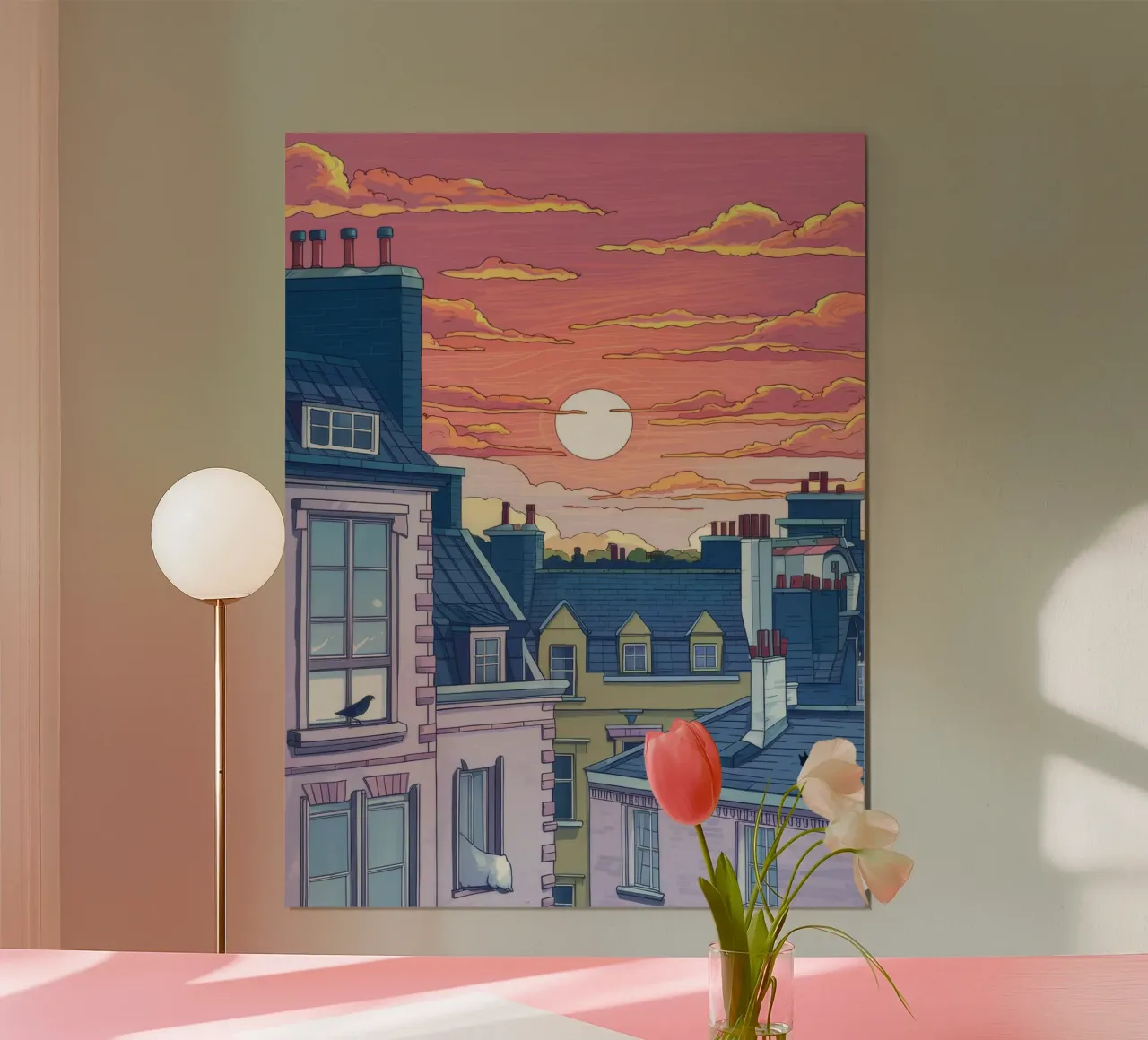 Vue sur les toits au coucher du soleil poster avec cadre en aluminium de Aurora Muse