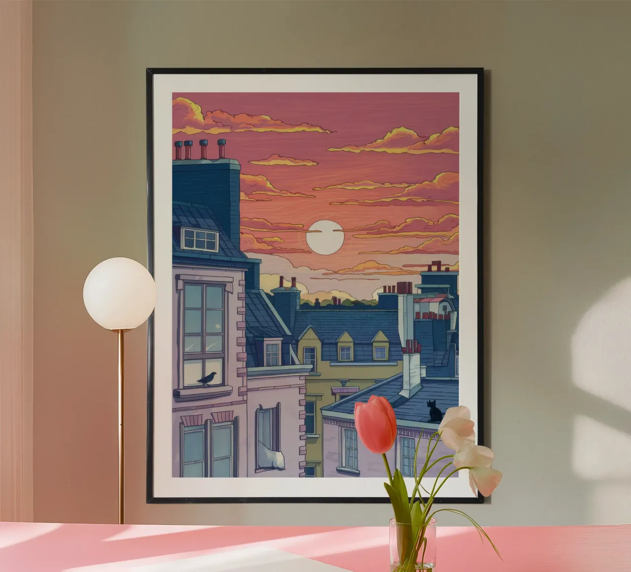 Vue sur les toits au coucher du soleil poster avec cadre en aluminium de Aurora Muse