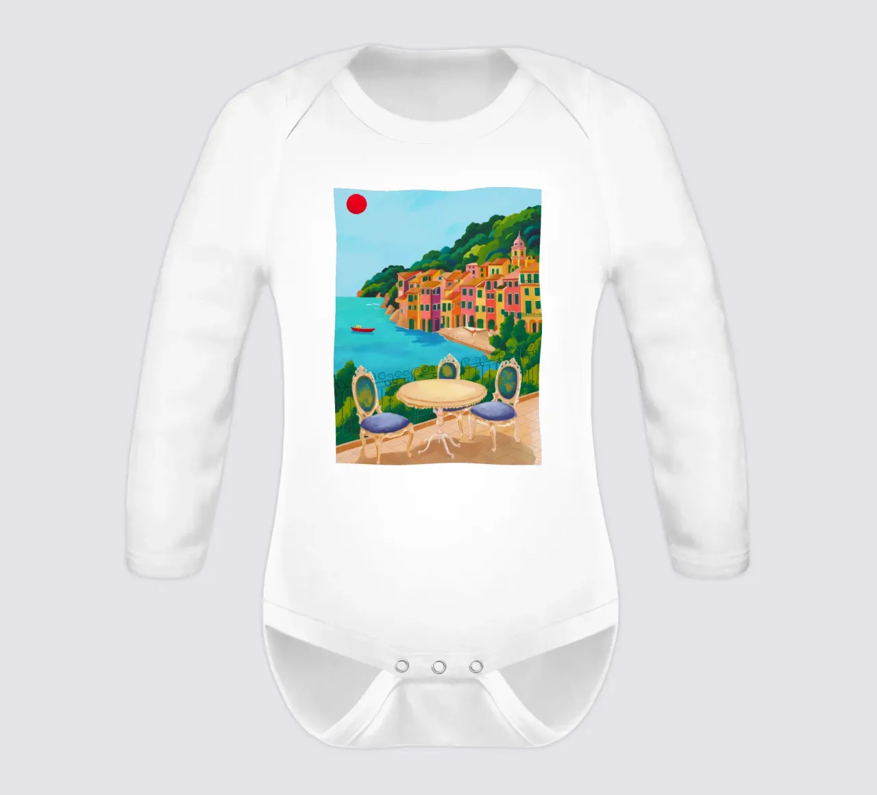 Coastal Table View long-sleeve baby romper by Aurora Muse