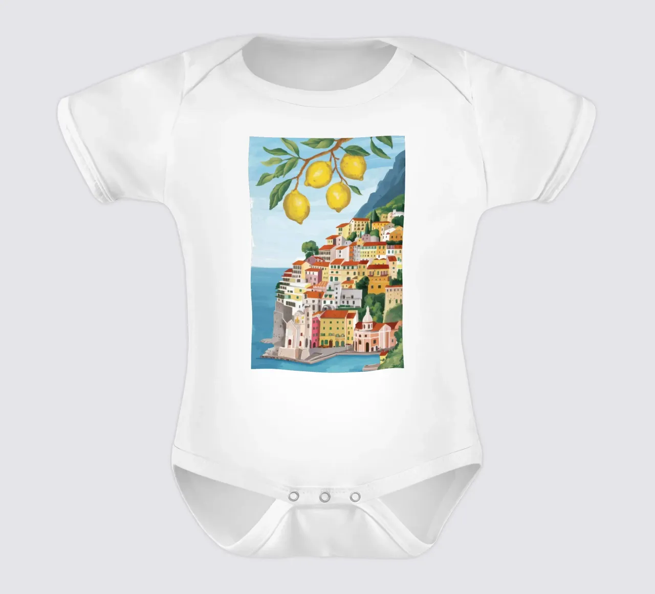 Lemon Amalfi Cliffs short-sleeve baby romper by Aurora Muse