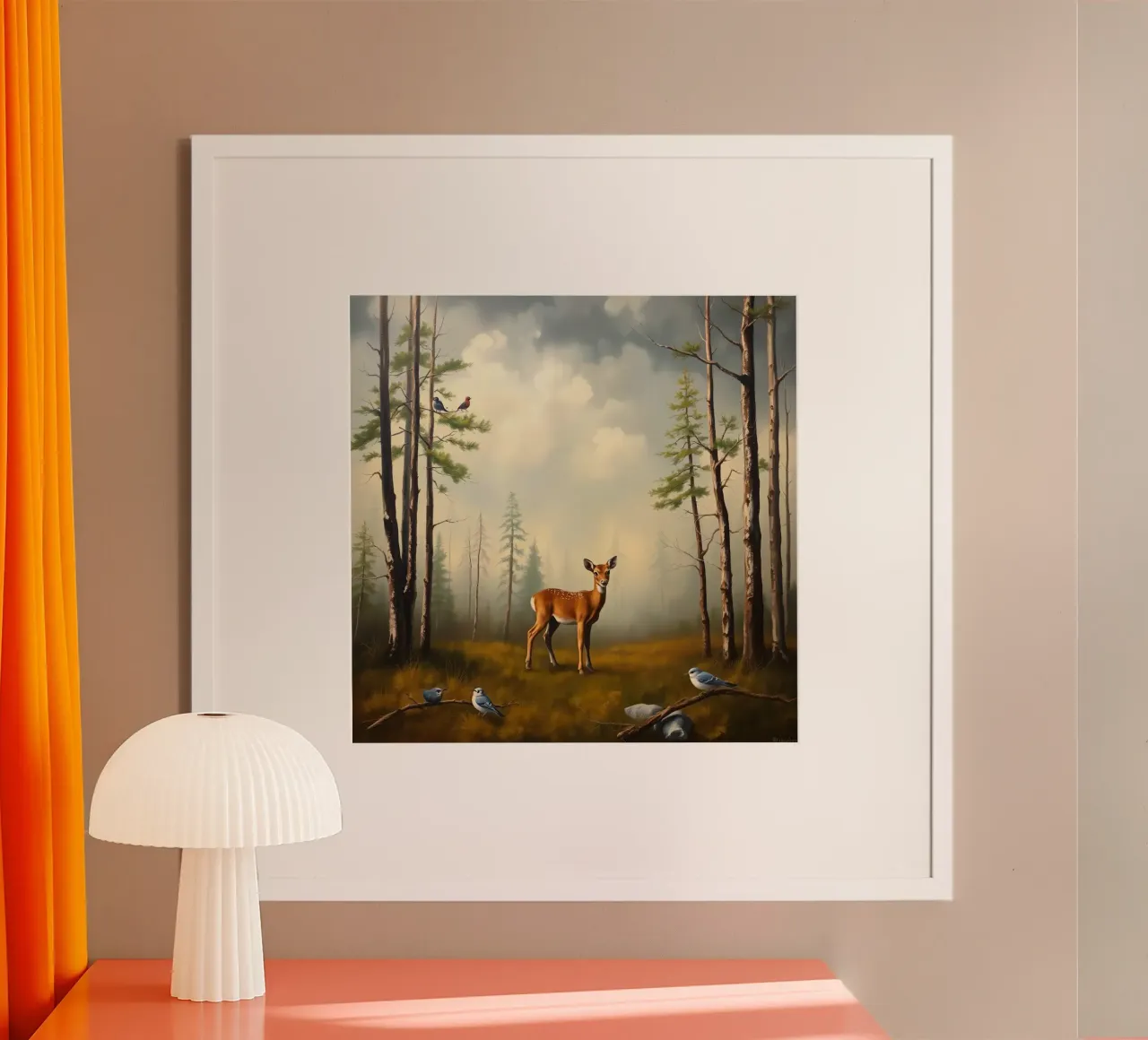 Un jeune cerf se tient parmi de grands arbres et des oiseaux se reposent à proximité. poster de DesignDoodle