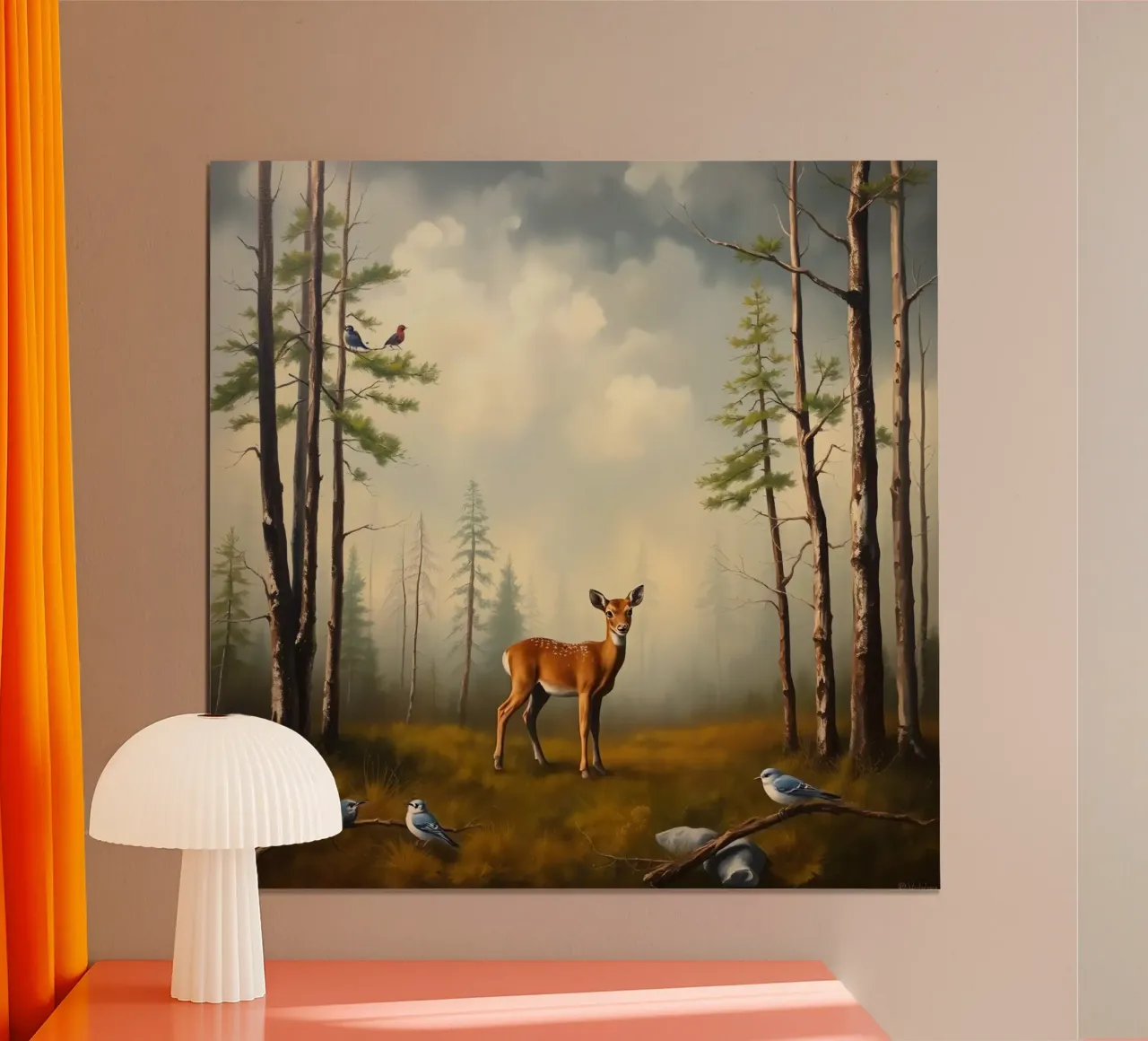 Un jeune cerf se tient parmi de grands arbres et des oiseaux se reposent à proximité. poster de DesignDoodle