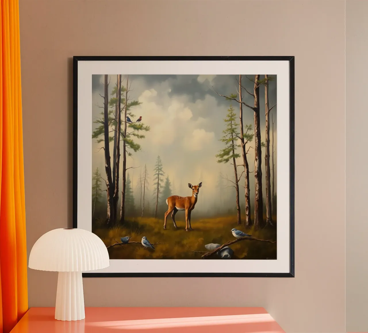 Un jeune cerf se tient parmi de grands arbres et des oiseaux se reposent à proximité. poster de DesignDoodle