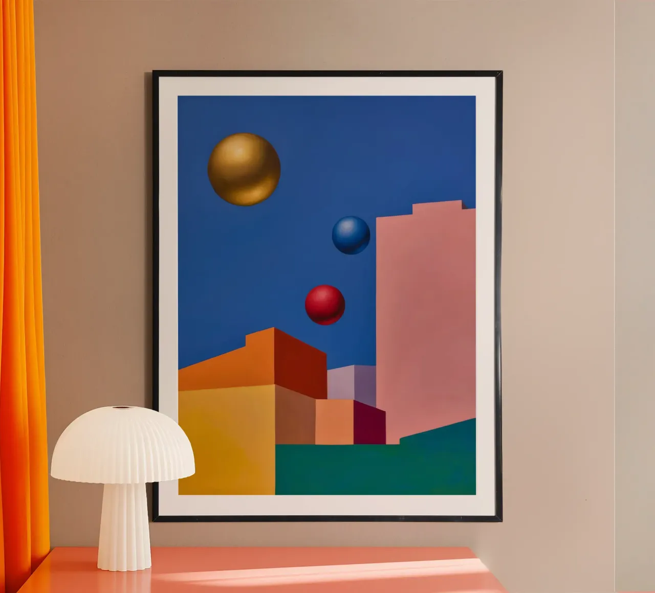 Sfere surreali del deserto poster con telaio in legno da Jasper Rune