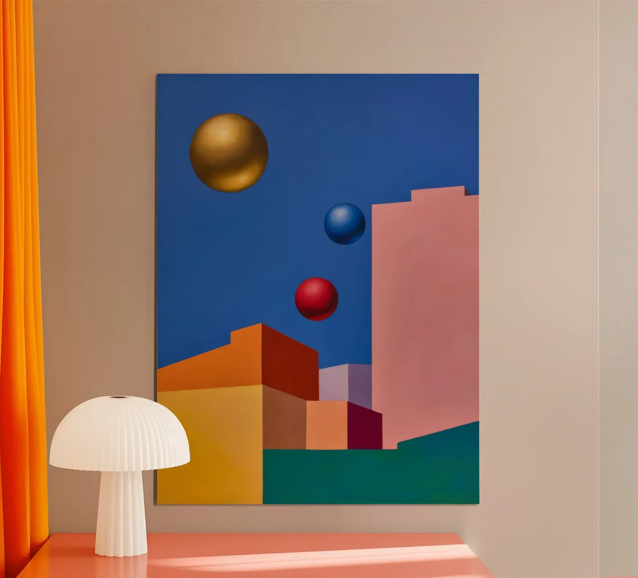 Sfere surreali del deserto poster con telaio in legno da Jasper Rune