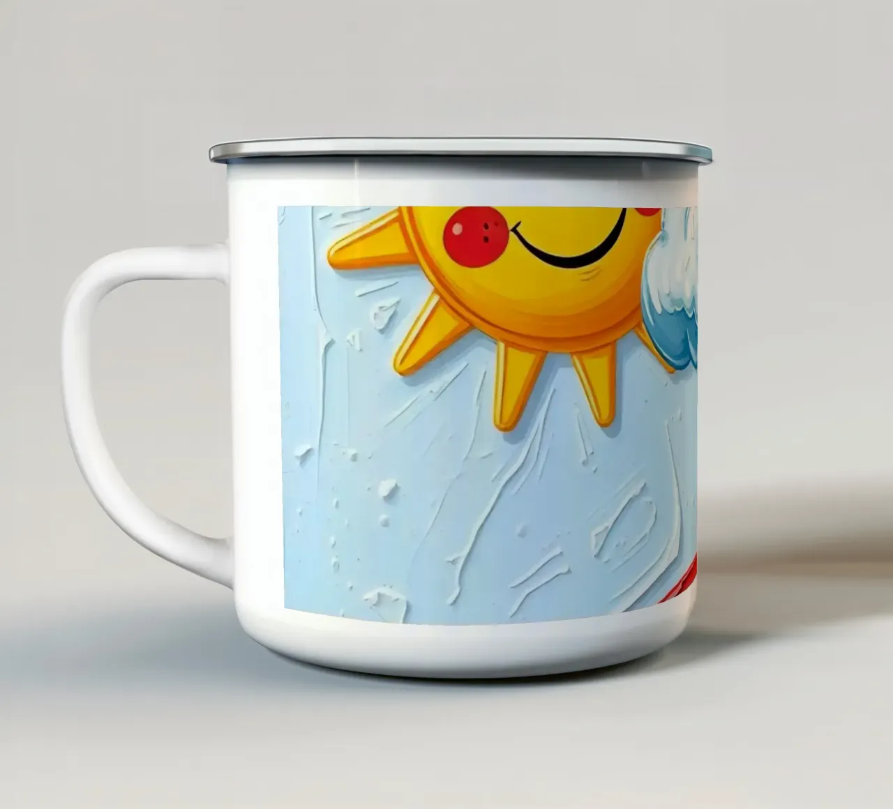Sole allegro e nuvole giocose con l'arte dell'arcobaleno tazza in smalto da DesignDoodle