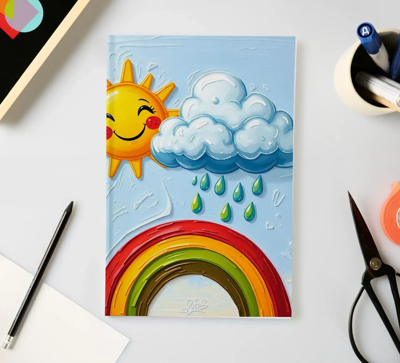 Cheerful sun and playful clouds with a rainbow art notebook by DesignDoodle