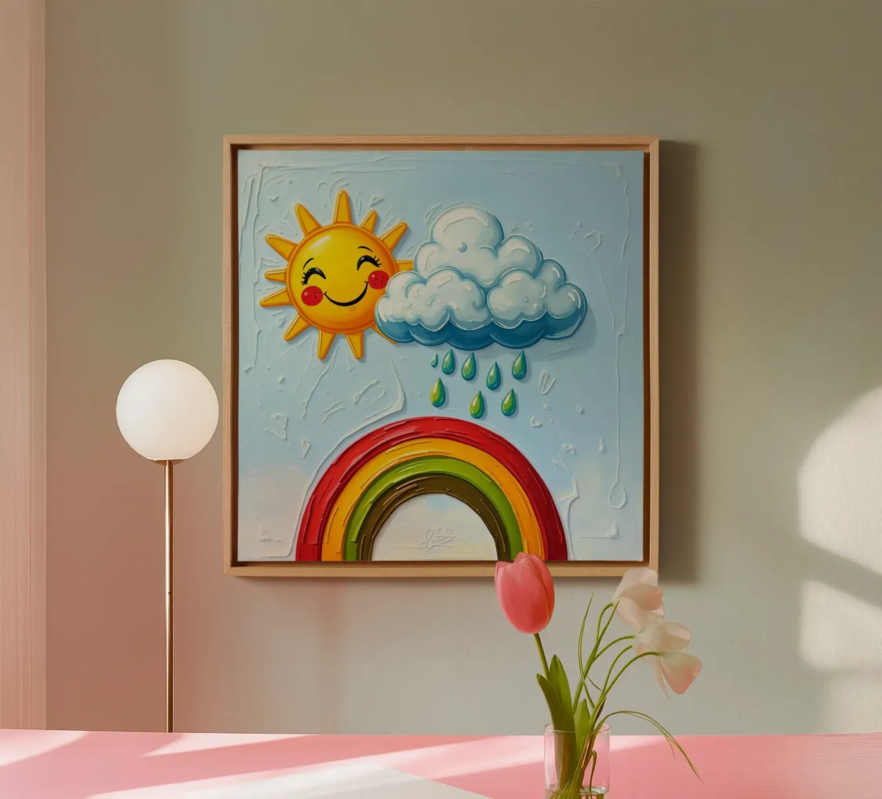 Cheerful sun and playful clouds with a rainbow art canvas with Floater frame by DesignDoodle