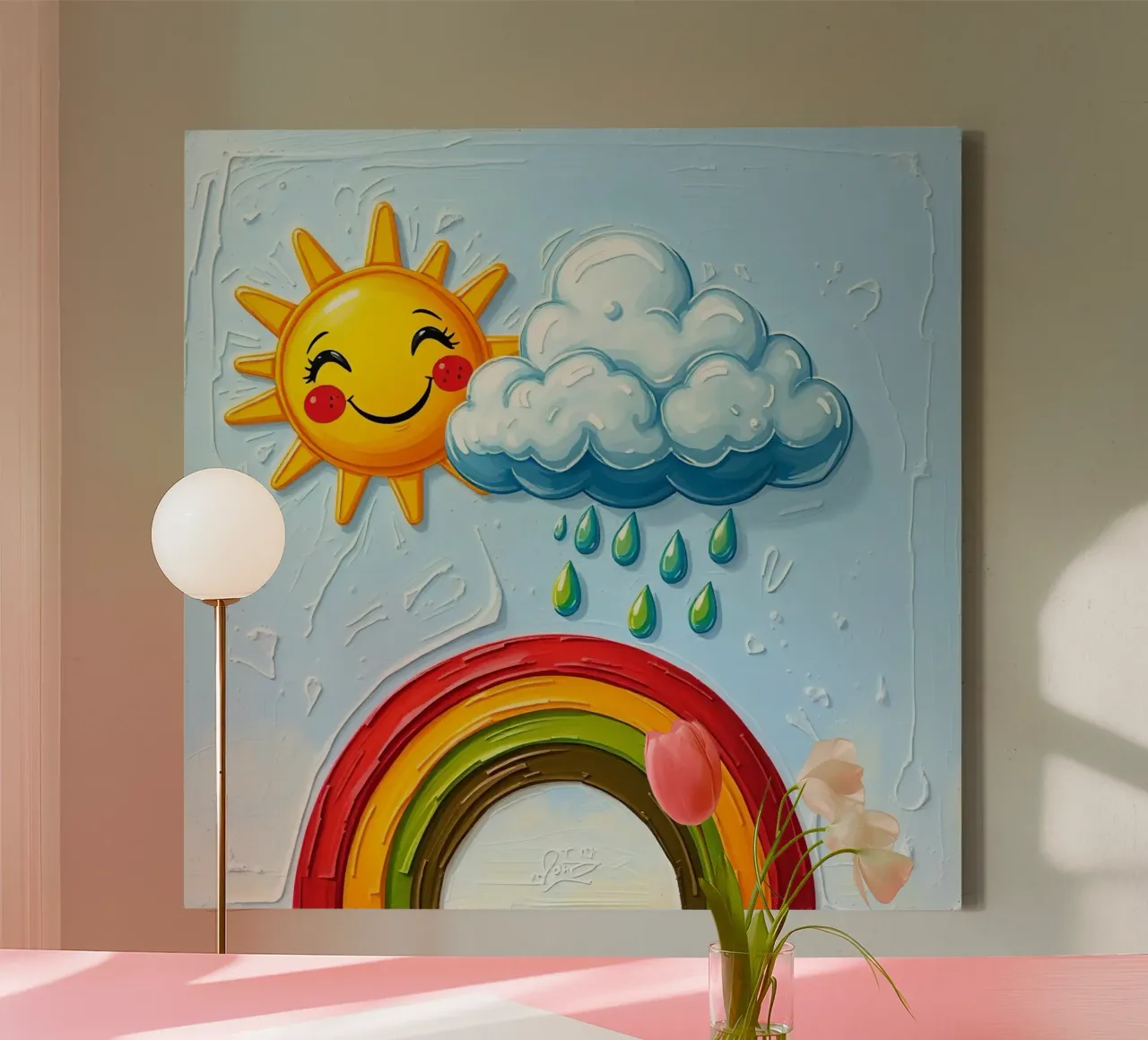 Cheerful sun and playful clouds with a rainbow art canvas with Floater frame by DesignDoodle