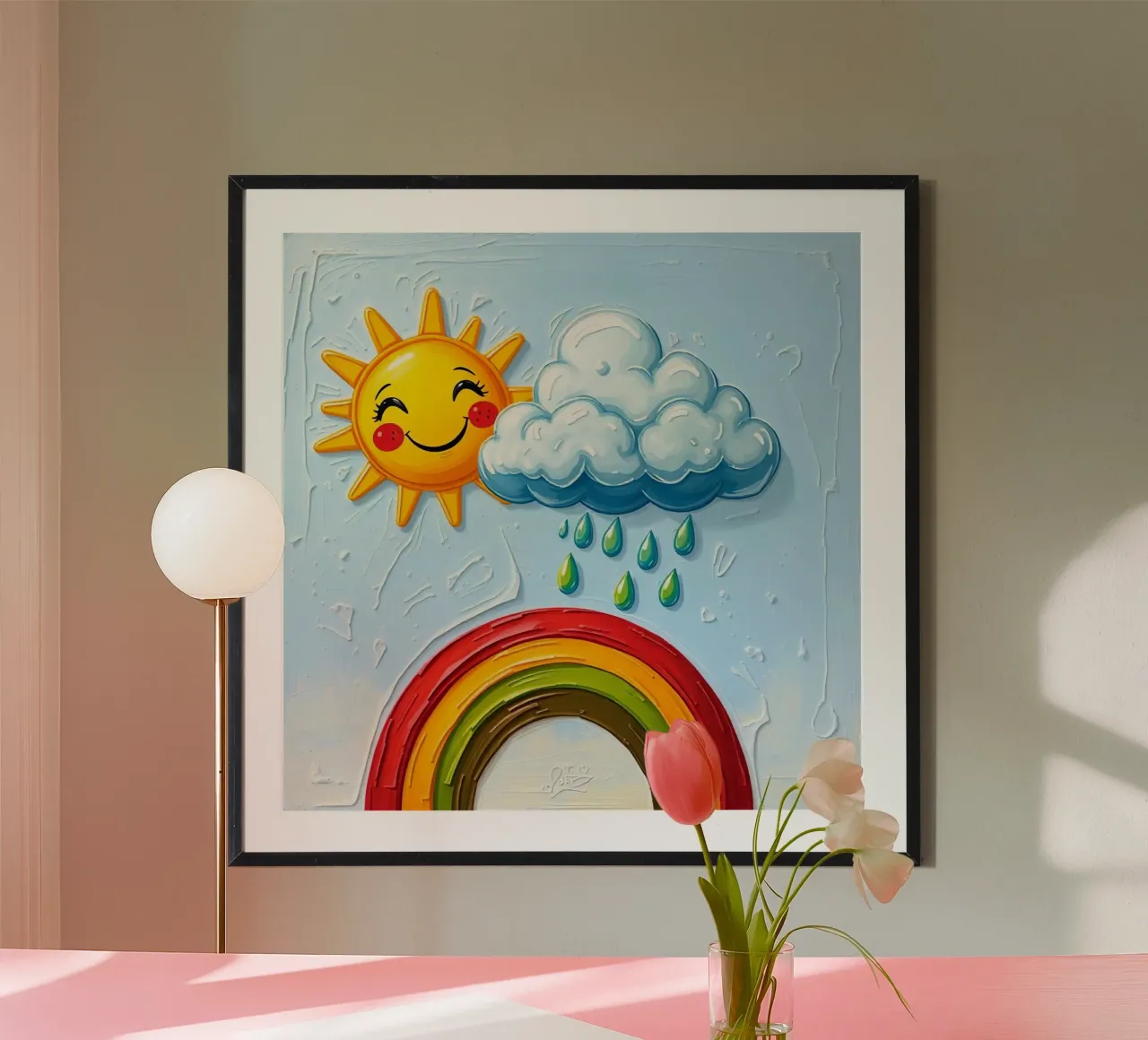Sole allegro e nuvole giocose con l'arte dell'arcobaleno poster con telaio in plastica da DesignDoodle