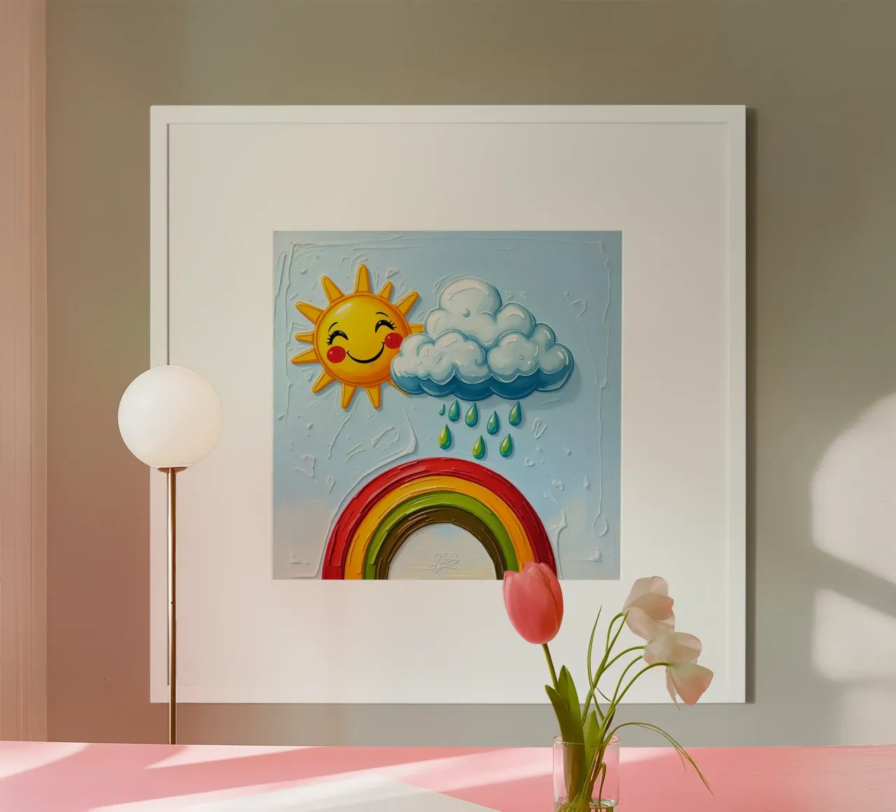Sole allegro e nuvole giocose con l'arte dell'arcobaleno poster con telaio in plastica da DesignDoodle