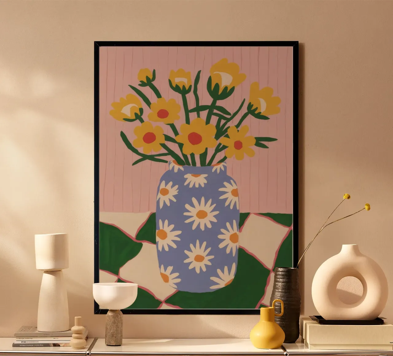 Vaso di margherite a scacchi poster con telaio in alluminio da Ember Stone