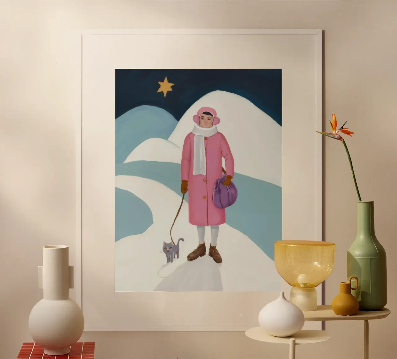 Passeggiata sulla neve rosa poster con telaio in plastica da Aurora Muse