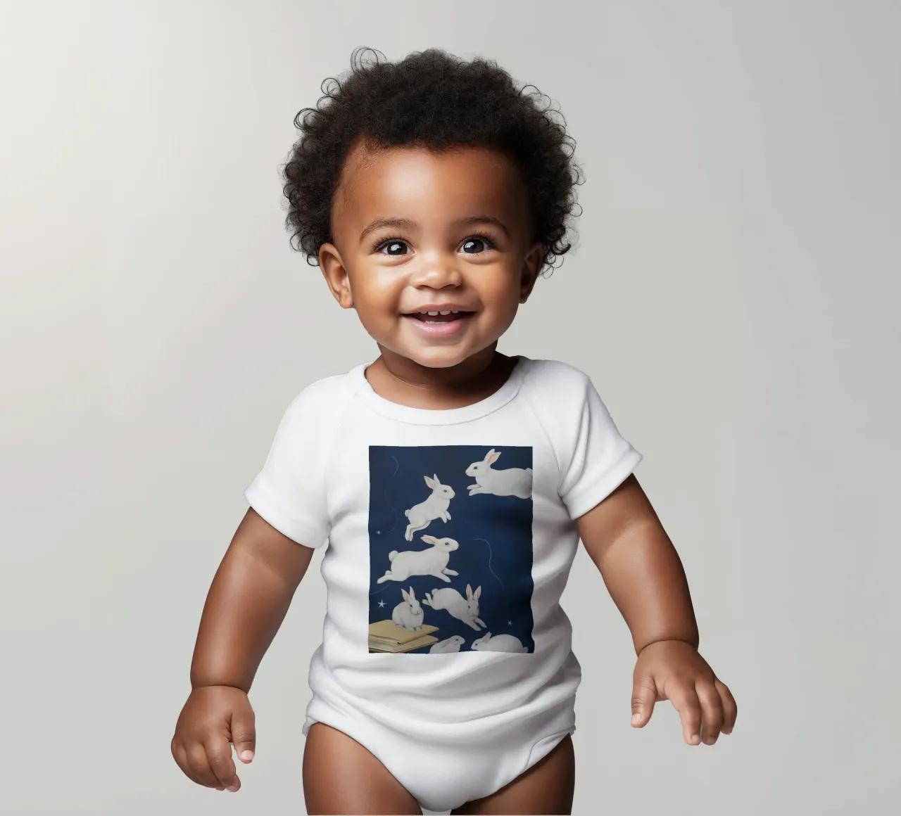 Leaping White Rabbits short-sleeve baby romper by Aurora Muse