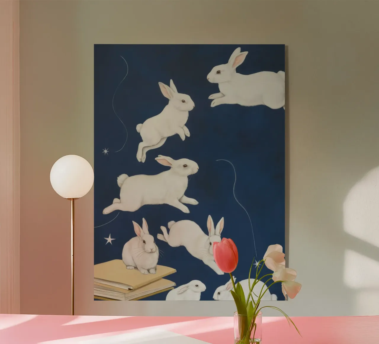 Leaping White Rabbits acrylic glass by Aurora Muse