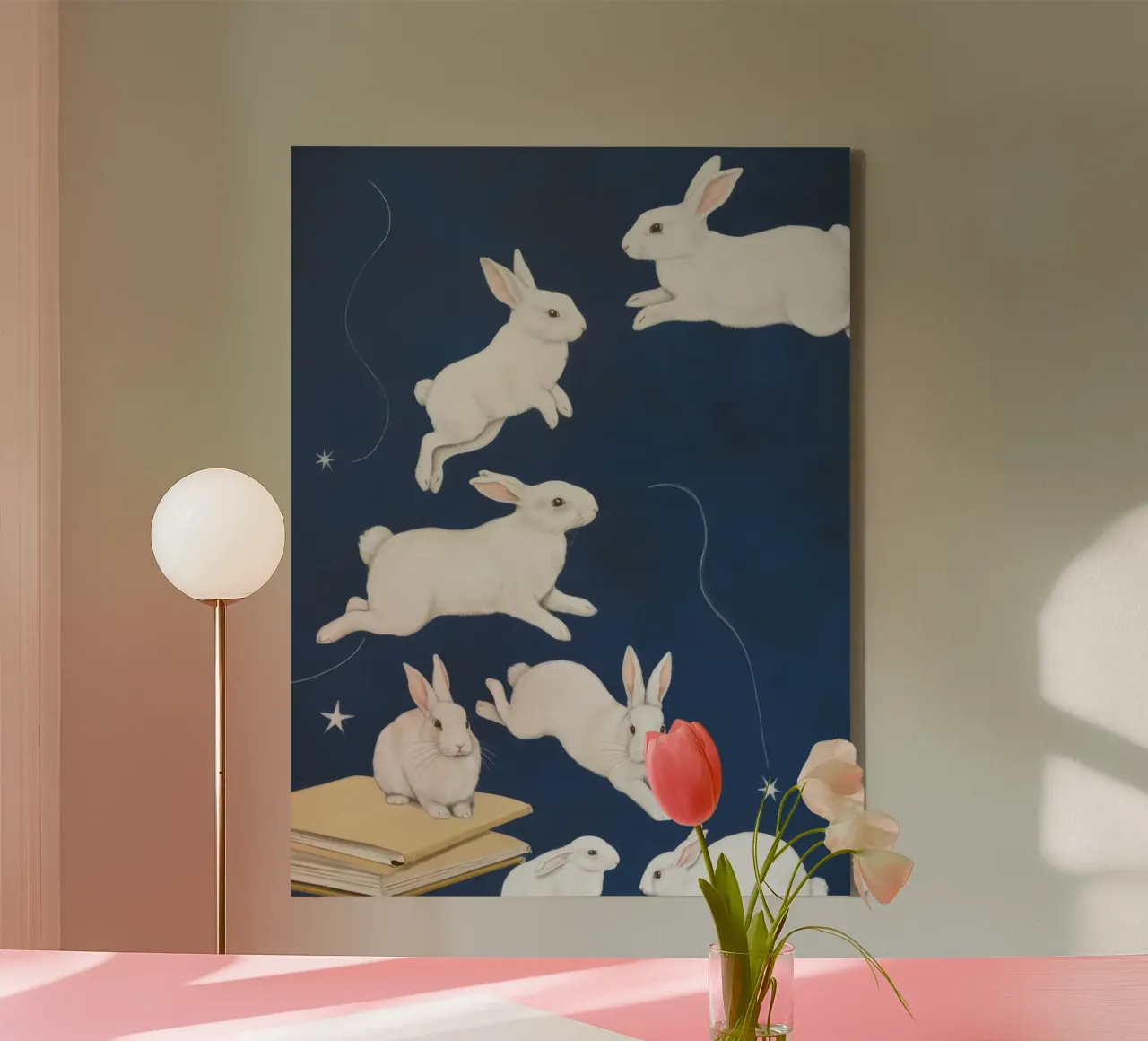 Springende witte konijnen canvas met Baklijst van Aurora Muse
