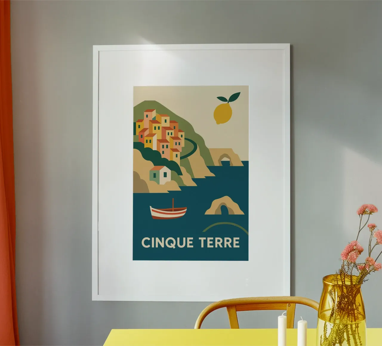 Cinque Terre - Pastello e limone in Riviera poster con telaio in legno da JETLAG | affiches voyage
