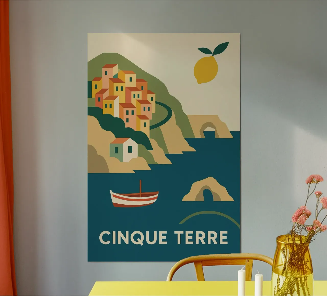 Cinque Terre - Pastello e limone in Riviera poster con telaio in legno da JETLAG | affiches voyage