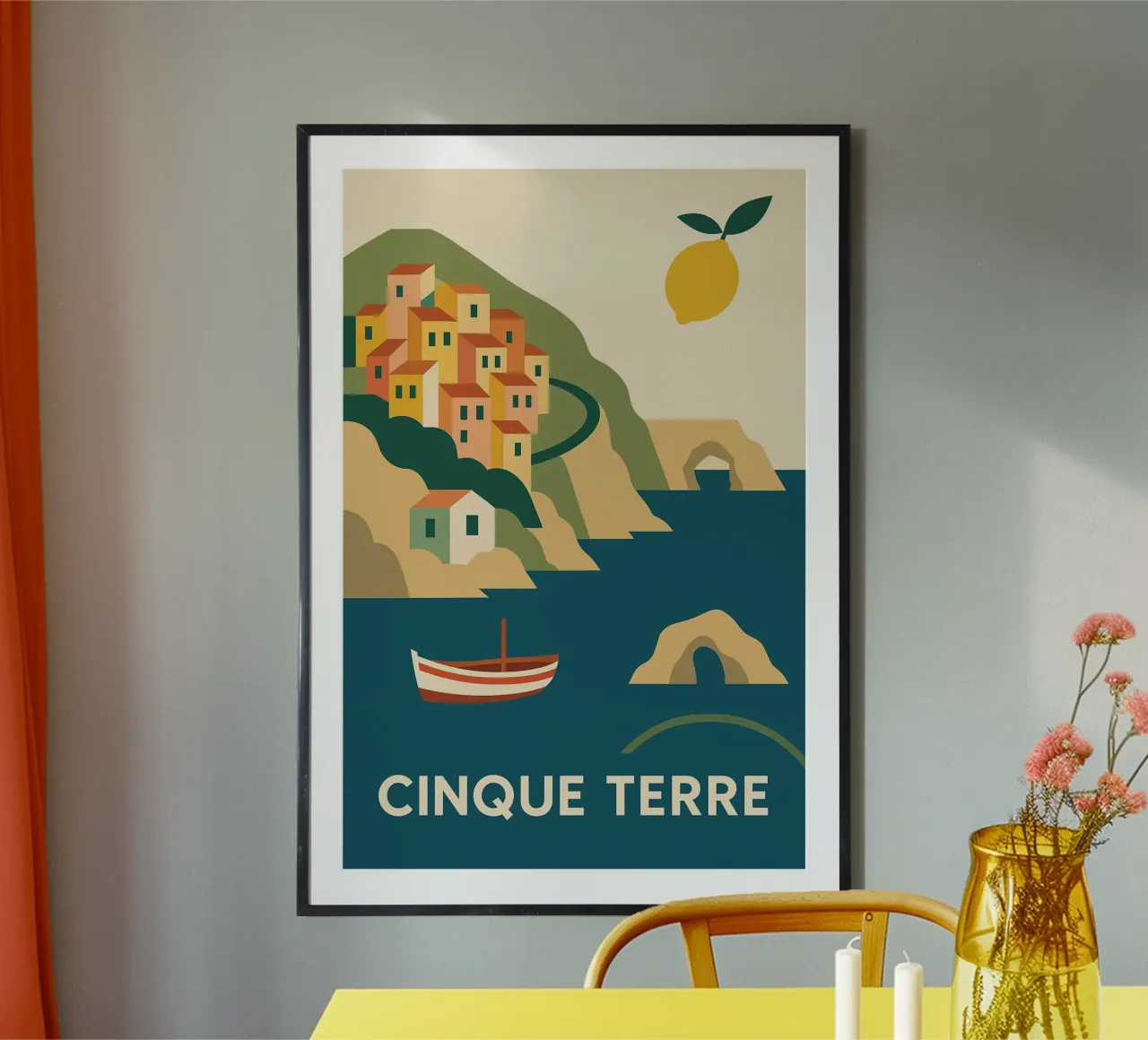 Cinque Terre - Pastello e limone in Riviera poster con telaio in legno da JETLAG | affiches voyage