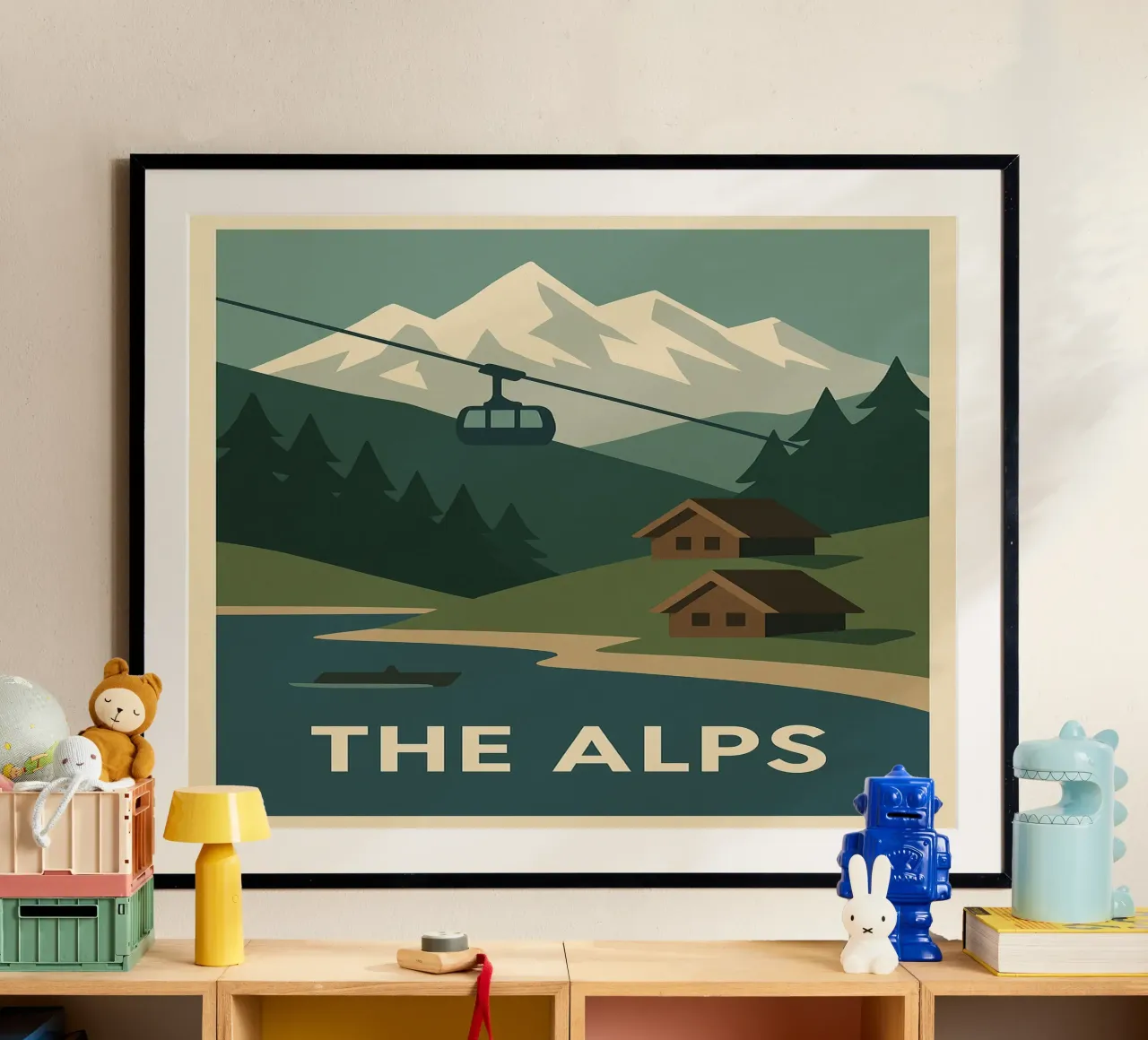 Le Alpi - Silenzio, Cabine e Sommelier poster con telaio in legno da JETLAG | affiches voyage