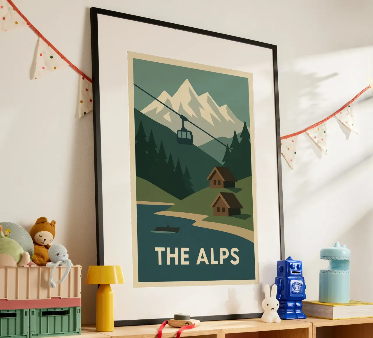 Le Alpi - Silenzio, Cabine e Sommelier poster con telaio in legno da JETLAG | affiches voyage