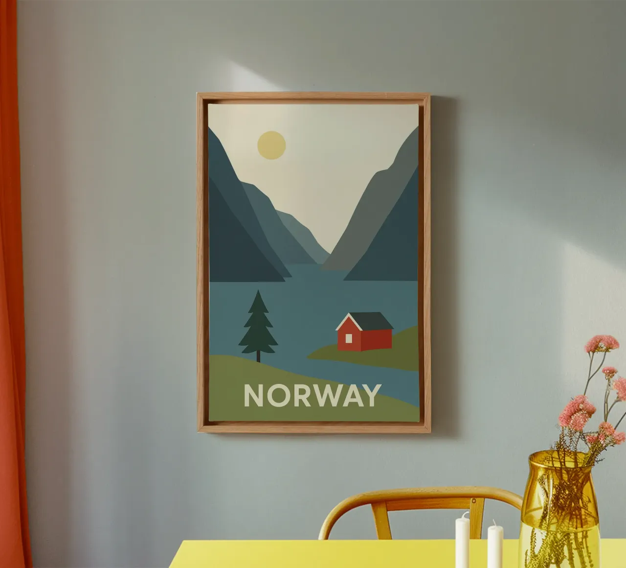 Norvegia - Fiordo silenzioso e Cabina Scarlatta tela con Cornice a cassetta da JETLAG | affiches voyage