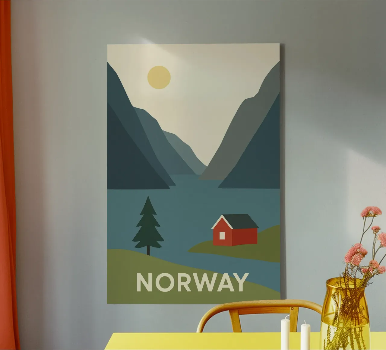 Norvegia - Fiordo silenzioso e Cabina Scarlatta tela con Cornice a cassetta da JETLAG | affiches voyage