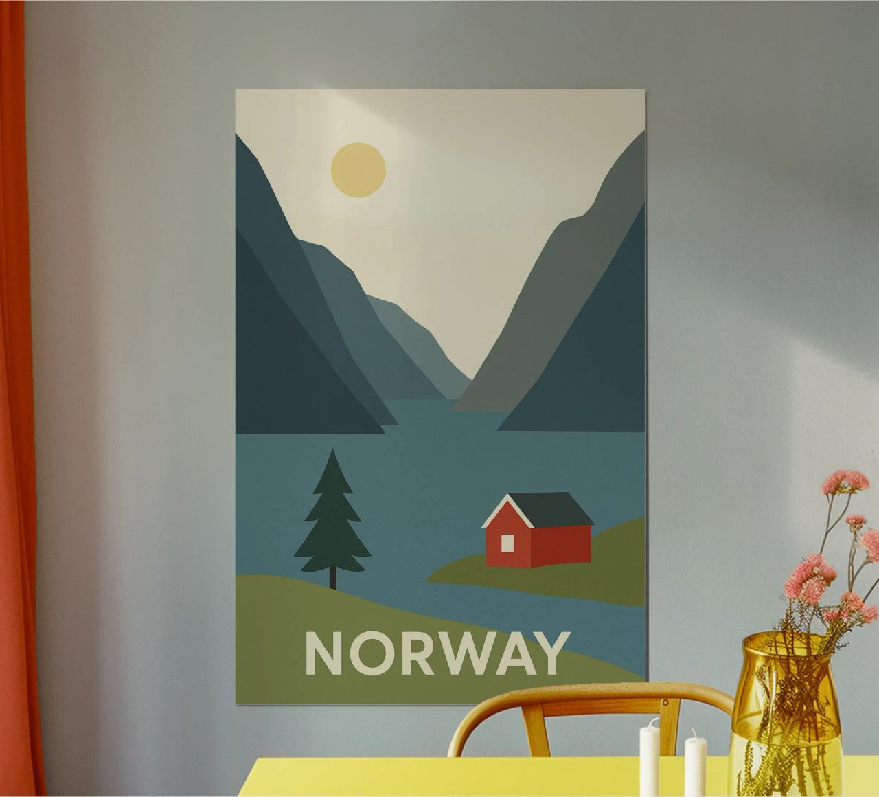Norwegen - Stiller Fjord und Scharlachrote Hütte Poster von JETLAG | affiches voyage