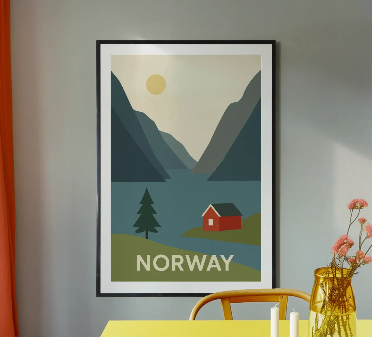 Norvegia - Fiordo silenzioso e Cabina Scarlatta poster con telaio in alluminio da JETLAG | affiches voyage