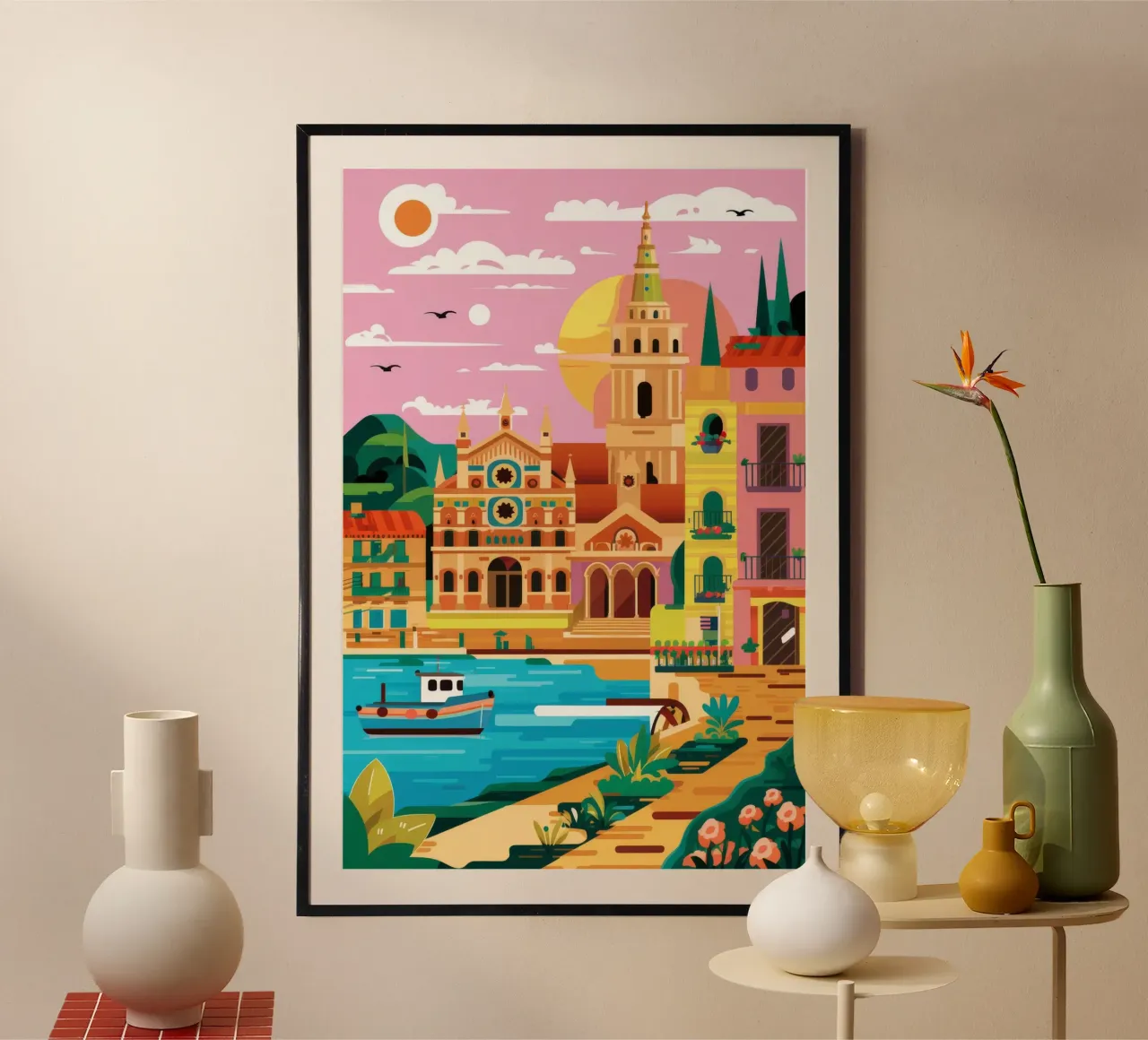 Serata di bagliore del porto poster con telaio in plastica da Lumi Eyes
