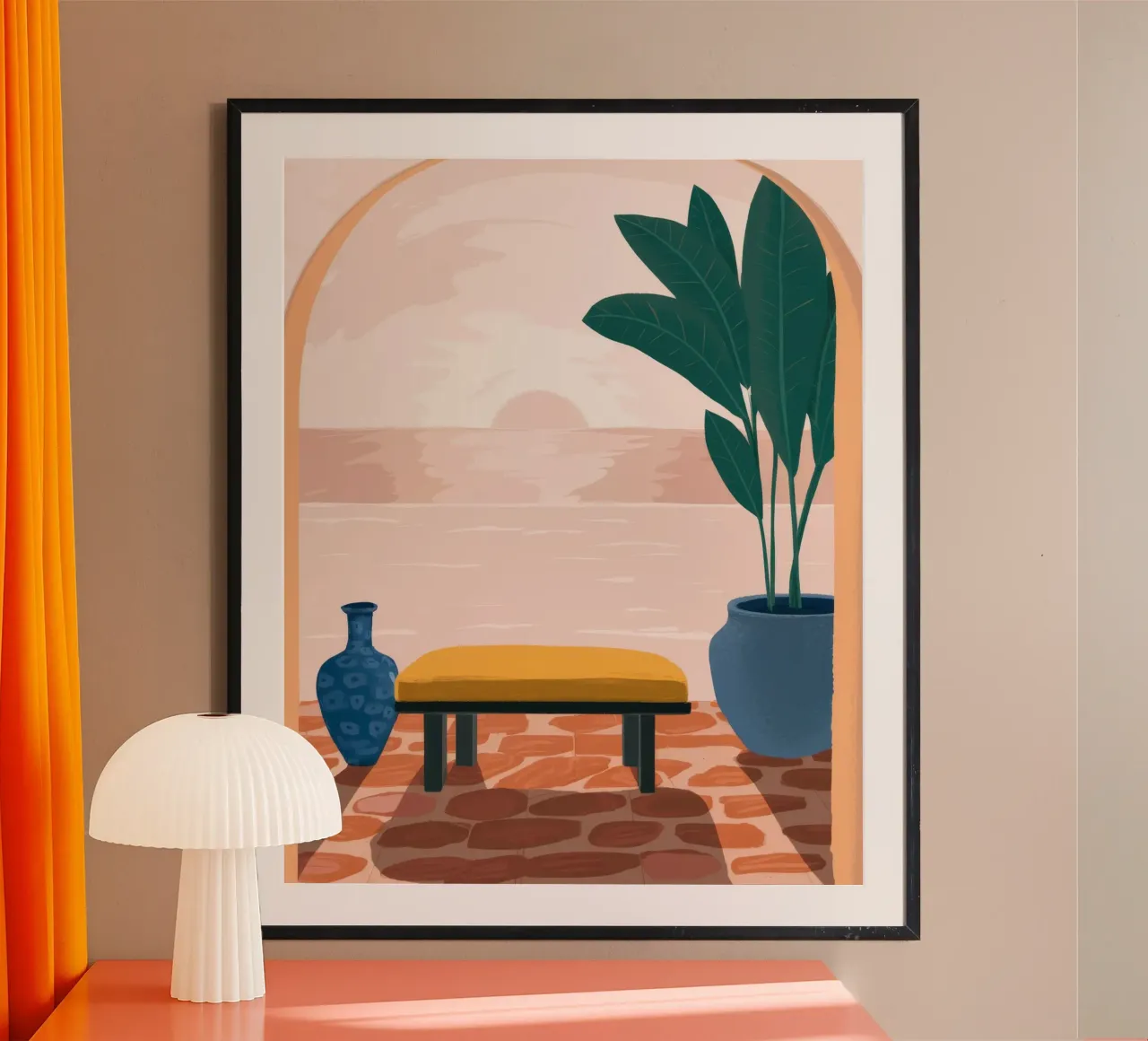 Contemplazione sulla panchina dell'oceano poster con telaio in plastica da Stone Patina