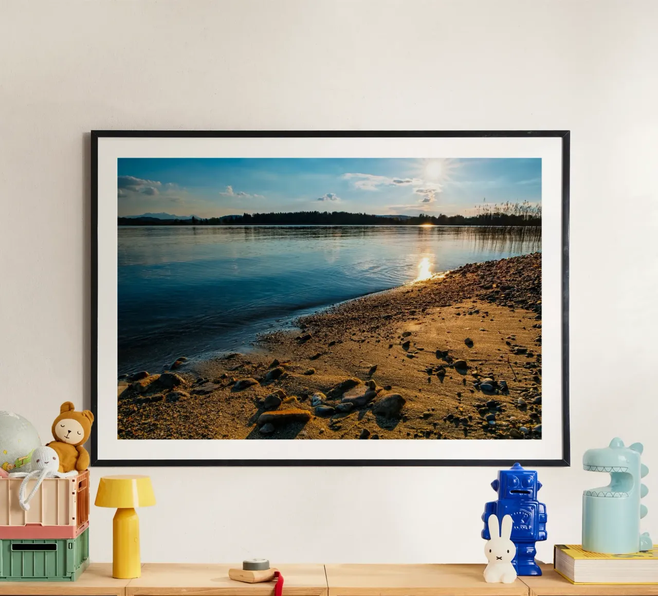 Time out on the Chiemsee beach at sunset poster with plastic frame by 5ecken