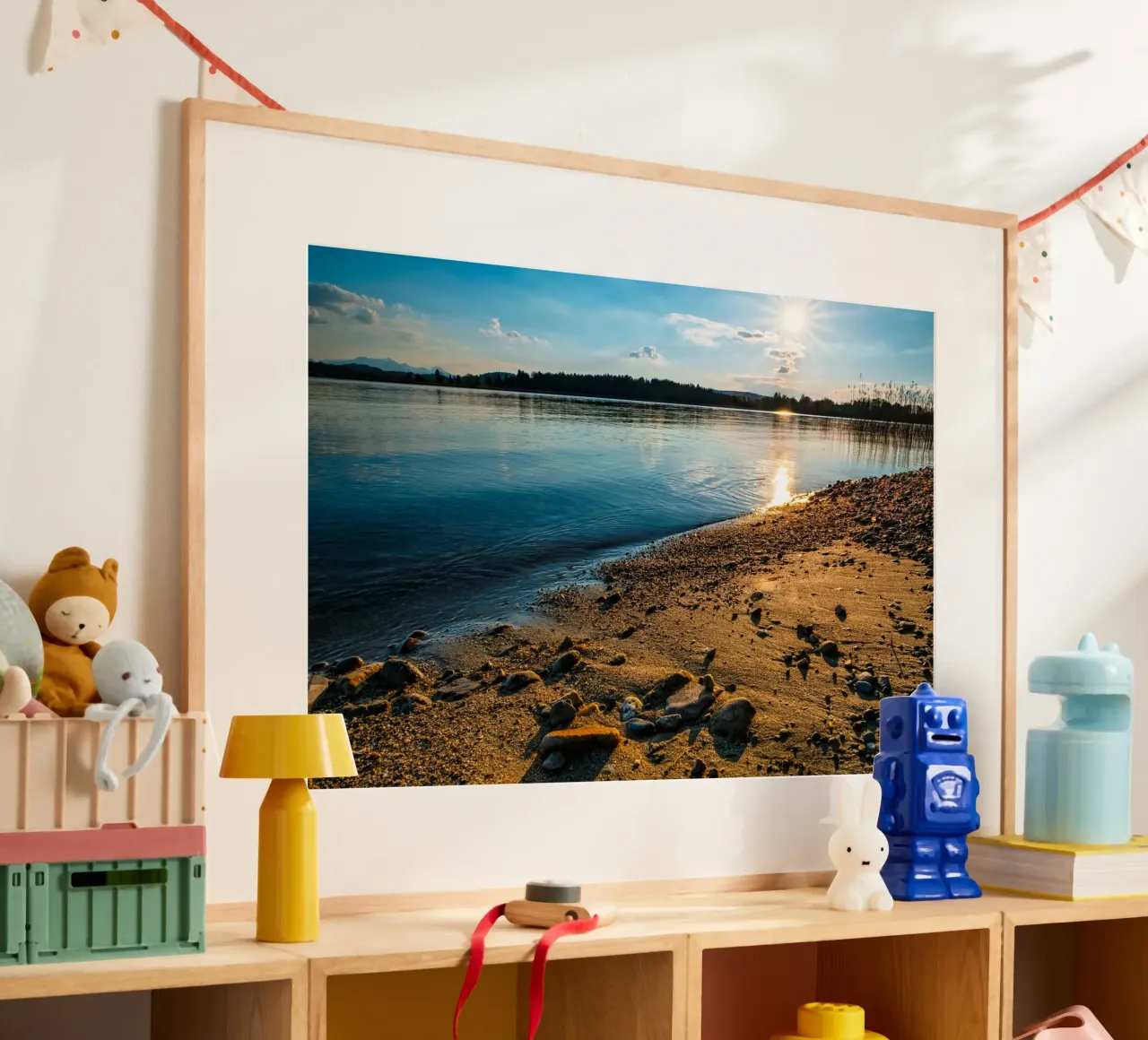 Time out on the Chiemsee beach at sunset poster with plastic frame by 5ecken