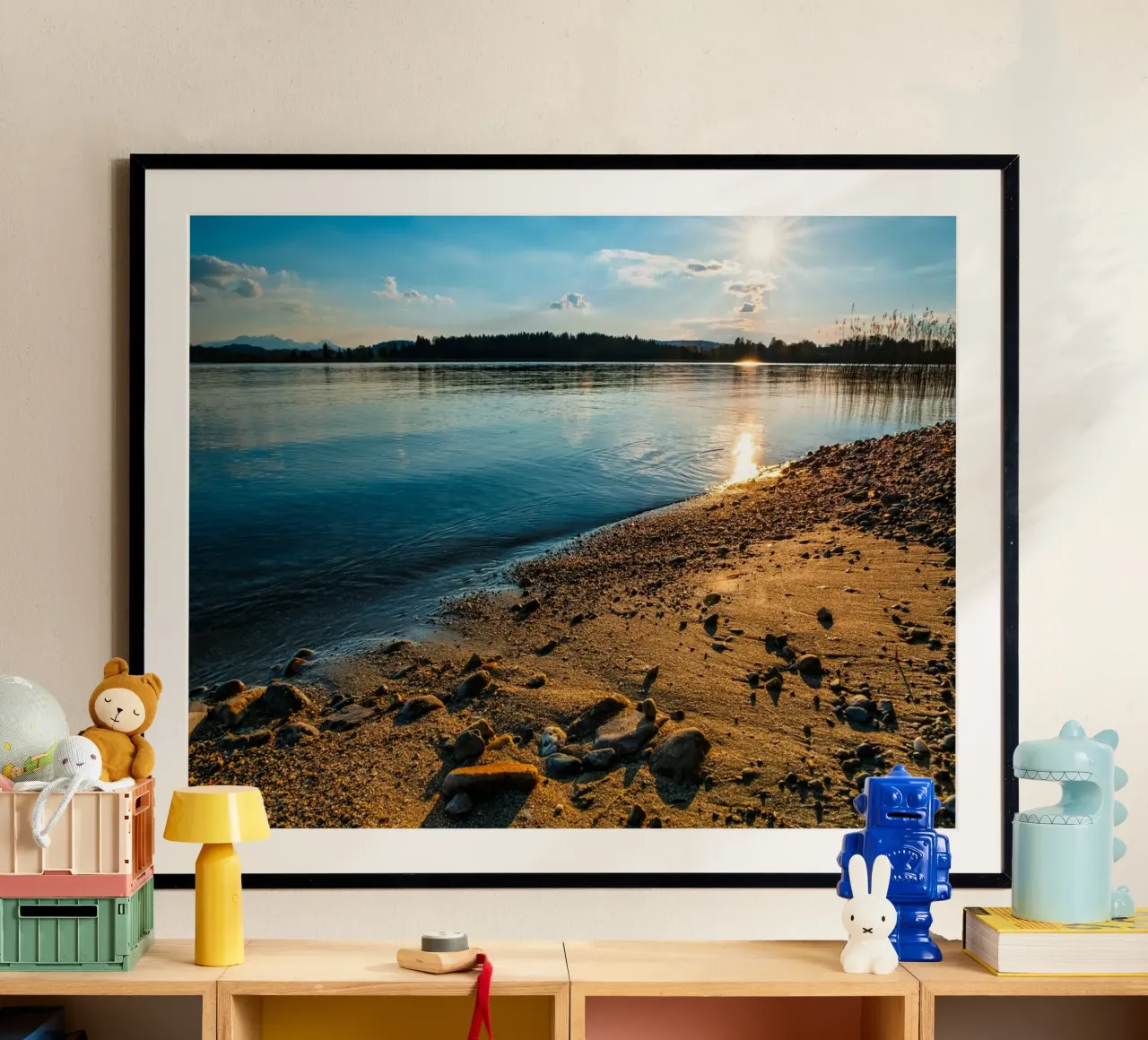 Time out on the Chiemsee beach at sunset poster with plastic frame by 5ecken