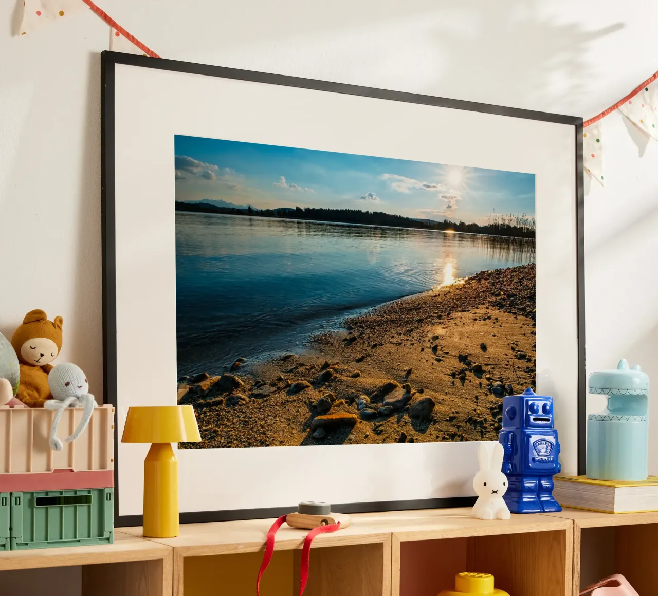 Time out on the Chiemsee beach at sunset poster with plastic frame by 5ecken