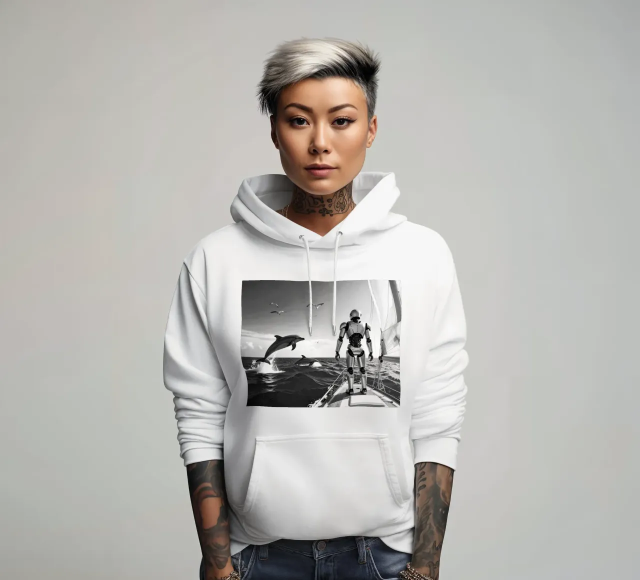 Robot sur un voilier. Noir et blanc. felpa con cappuccio da Thierry vobmann photography