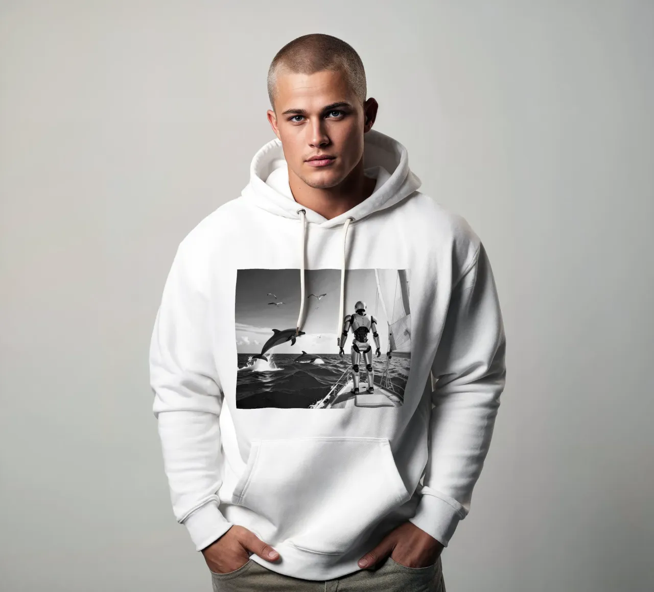 Robot sur un voilier. Noir et blanc. sudadera con capucha de Thierry vobmann photography
