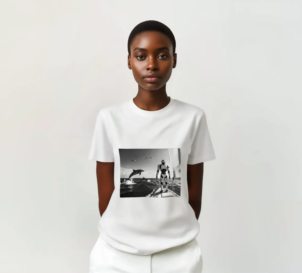 Robot sur un voilier. Noir et blanc. t-shirt da Thierry vobmann photography
