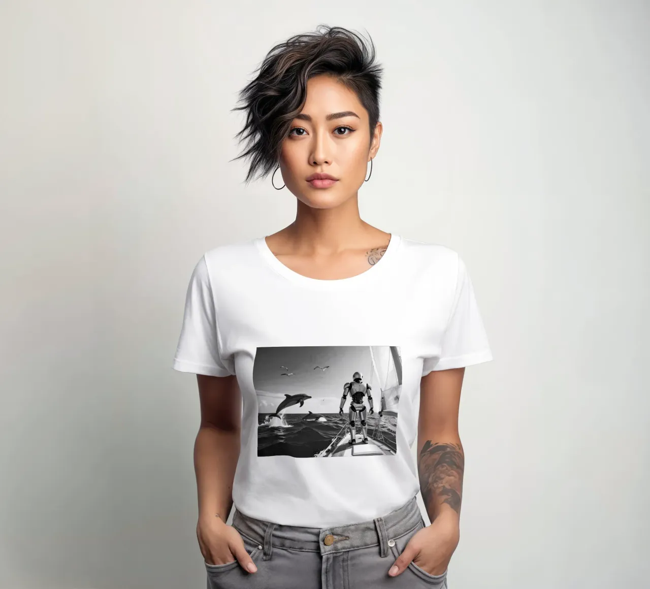Robot sur un voilier. Noir et blanc. t-shirt da donna da Thierry vobmann photography