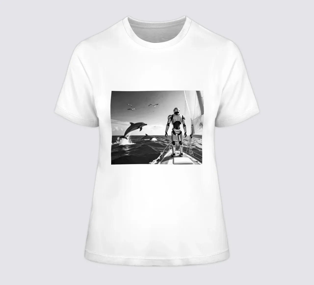 Robot sur un voilier. Noir et blanc. t-shirt da donna da Thierry vobmann photography