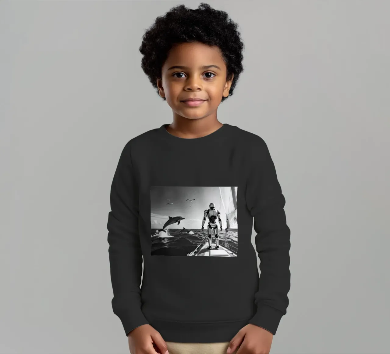 Robot sur un voilier. Noir et blanc. felpa bambino da Thierry vobmann photography