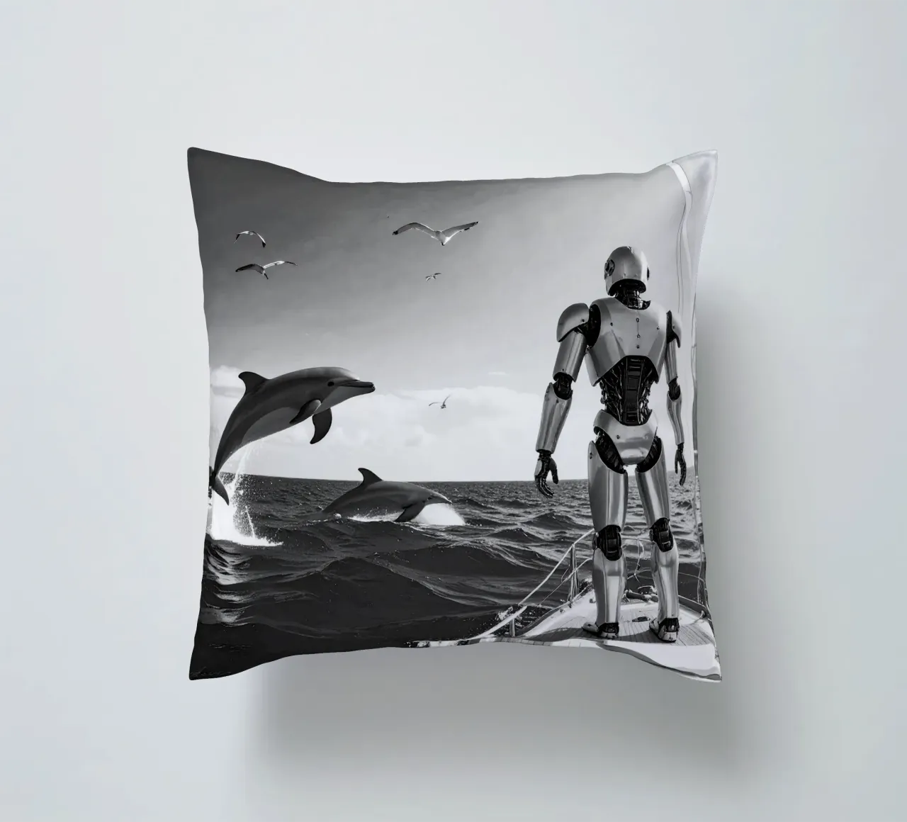 Robot sur un voilier. Noir et blanc. cuscino da Thierry vobmann photography